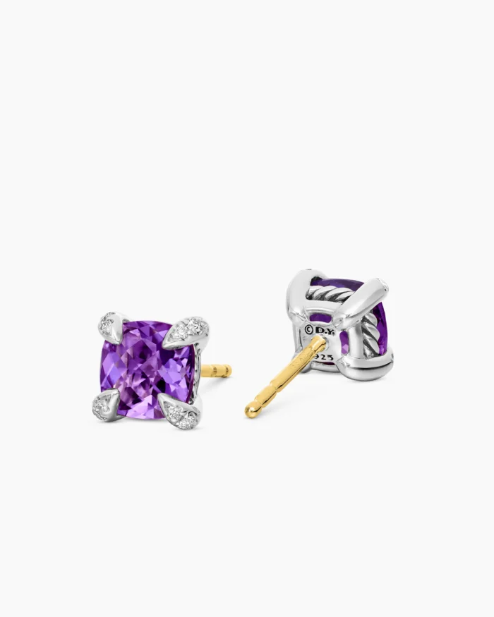 Sterling Silver with Amethyst and Diamonds Stud Earrings - Image 4