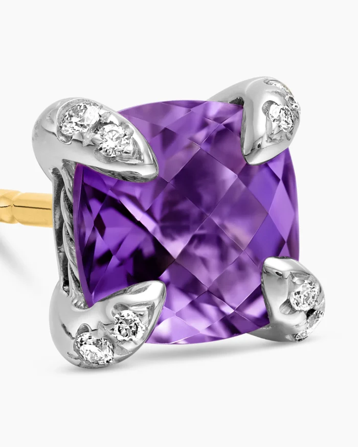 Sterling Silver with Amethyst and Diamonds Stud Earrings - Image 3