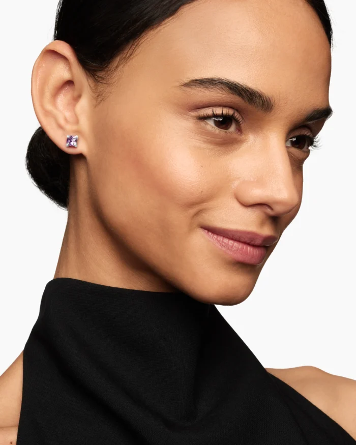 Sterling Silver with Amethyst and Diamonds Stud Earrings - Image 2