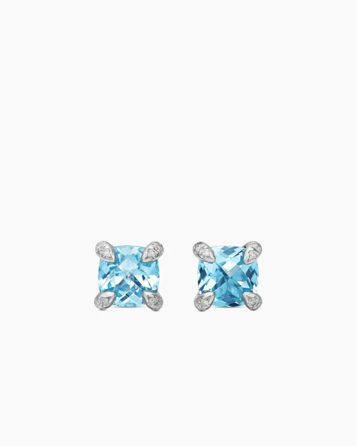 Sterling Silver with Blue Topaz and Diamonds Stud Earrings - Image 1