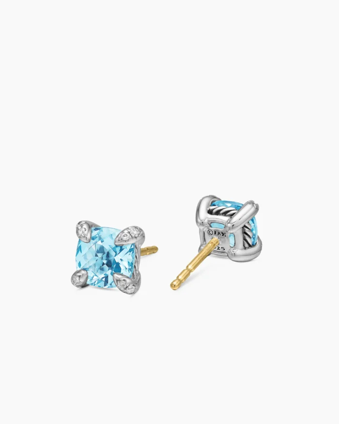 Sterling Silver with Blue Topaz and Diamonds Stud Earrings - Image 4