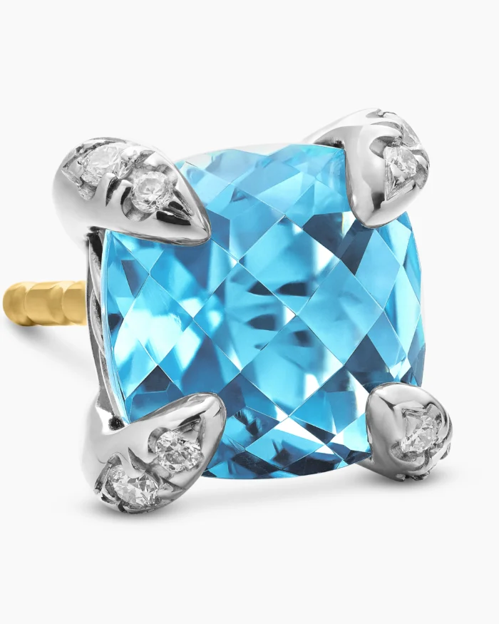 Sterling Silver with Blue Topaz and Diamonds Stud Earrings - Image 3