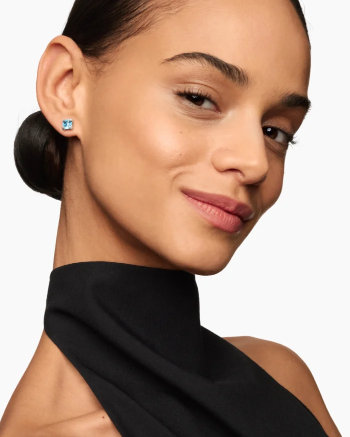Sterling Silver with Blue Topaz and Diamonds Stud Earrings - Image 2