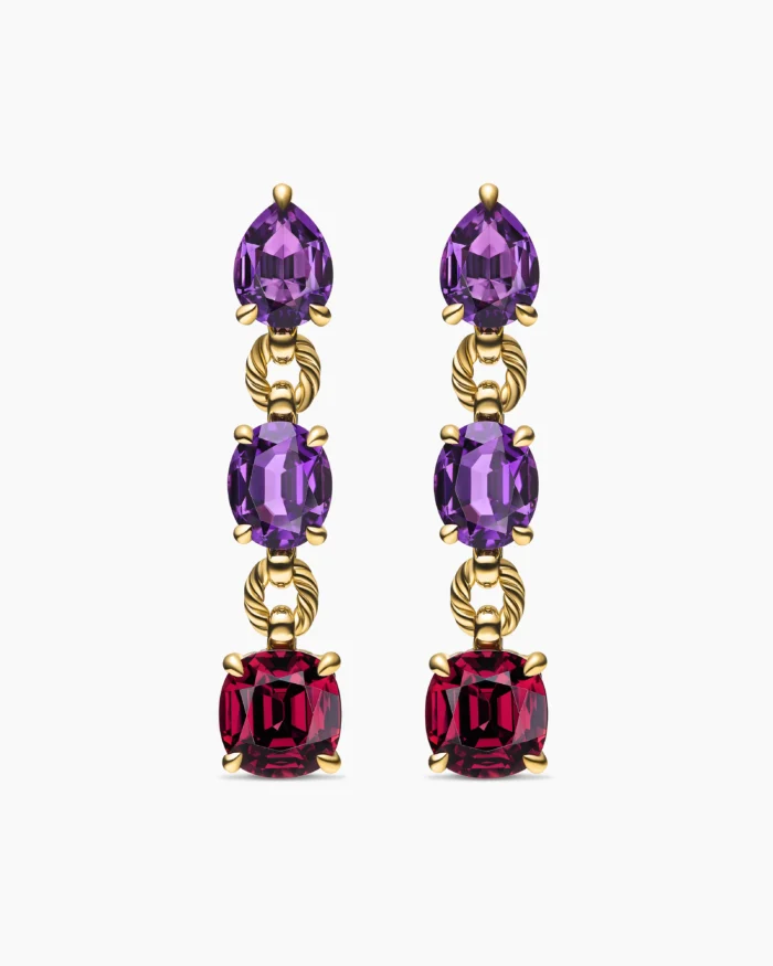 Yellow Gold with Amethyst and Rhodolite Garnet Drop Earrings - Image 1