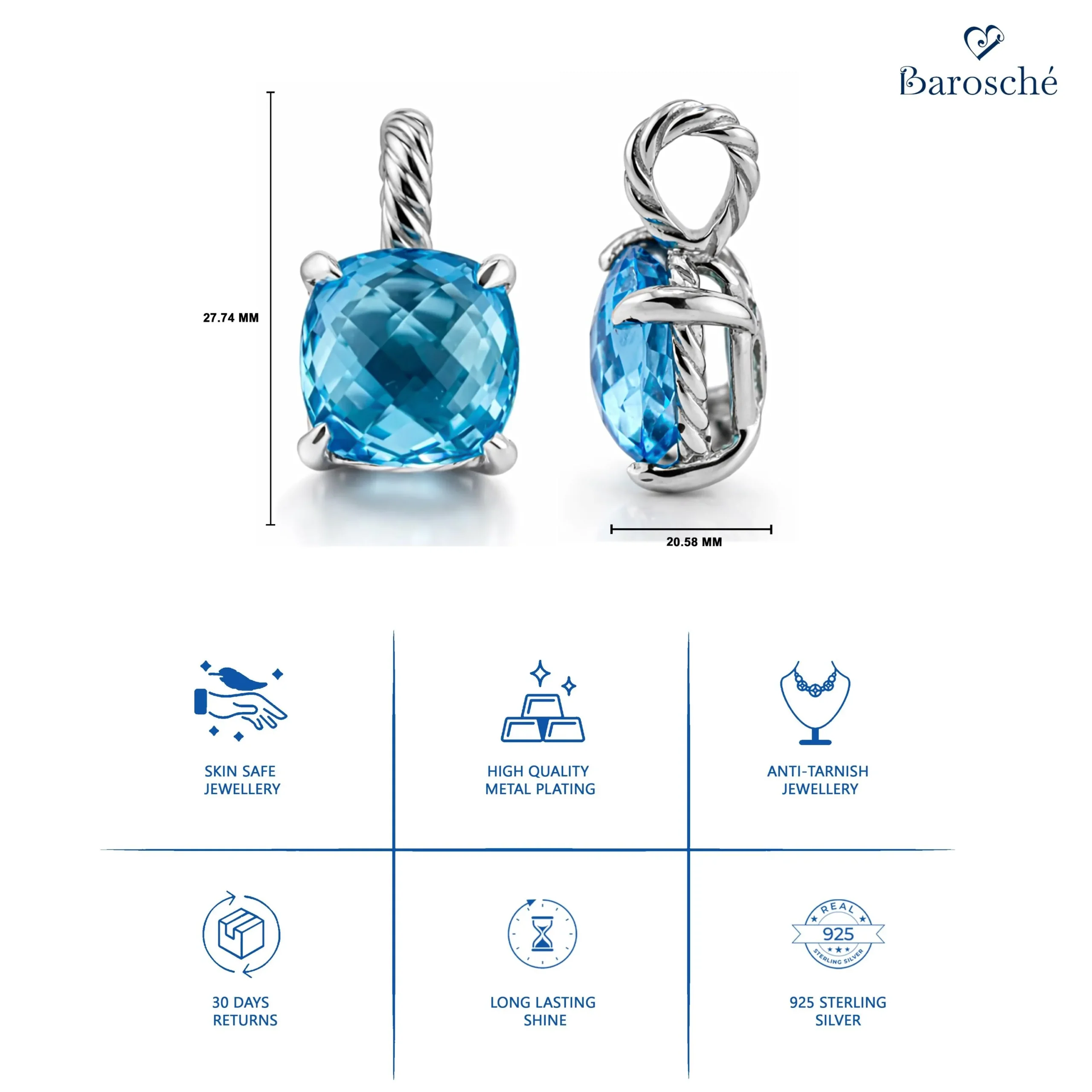 Swiss Blue Topaz Cushion Cut Pendant