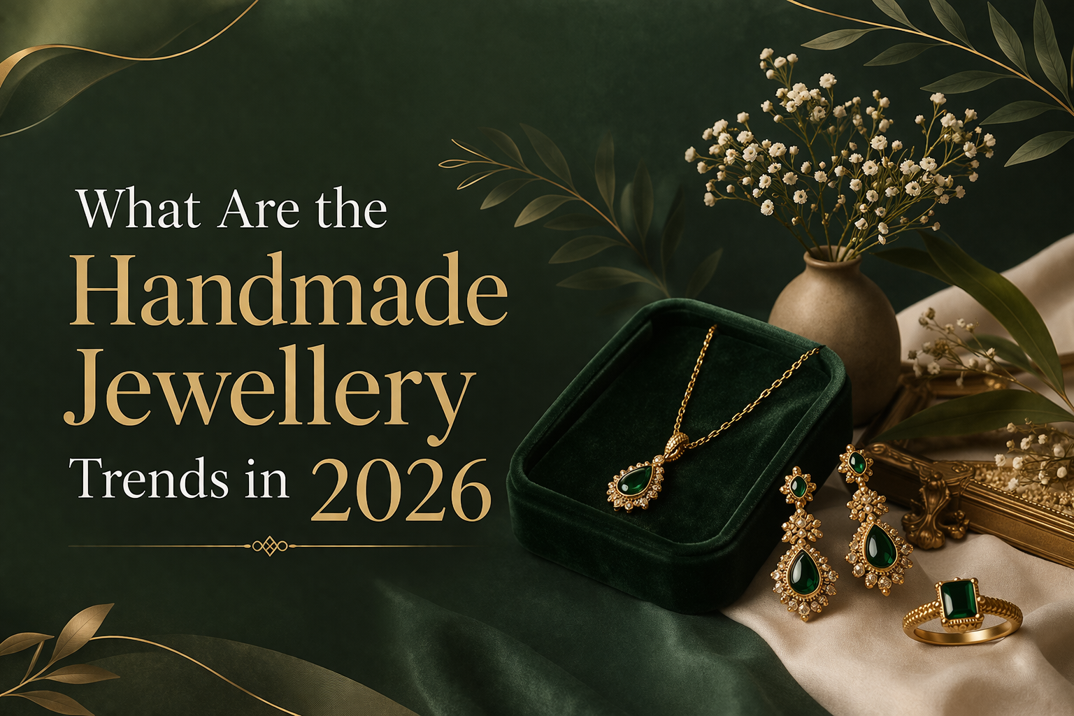 Handmade green gemstone jewellery set including necklace, earrings, and ring displayed on a luxury velvet box with aesthetic background